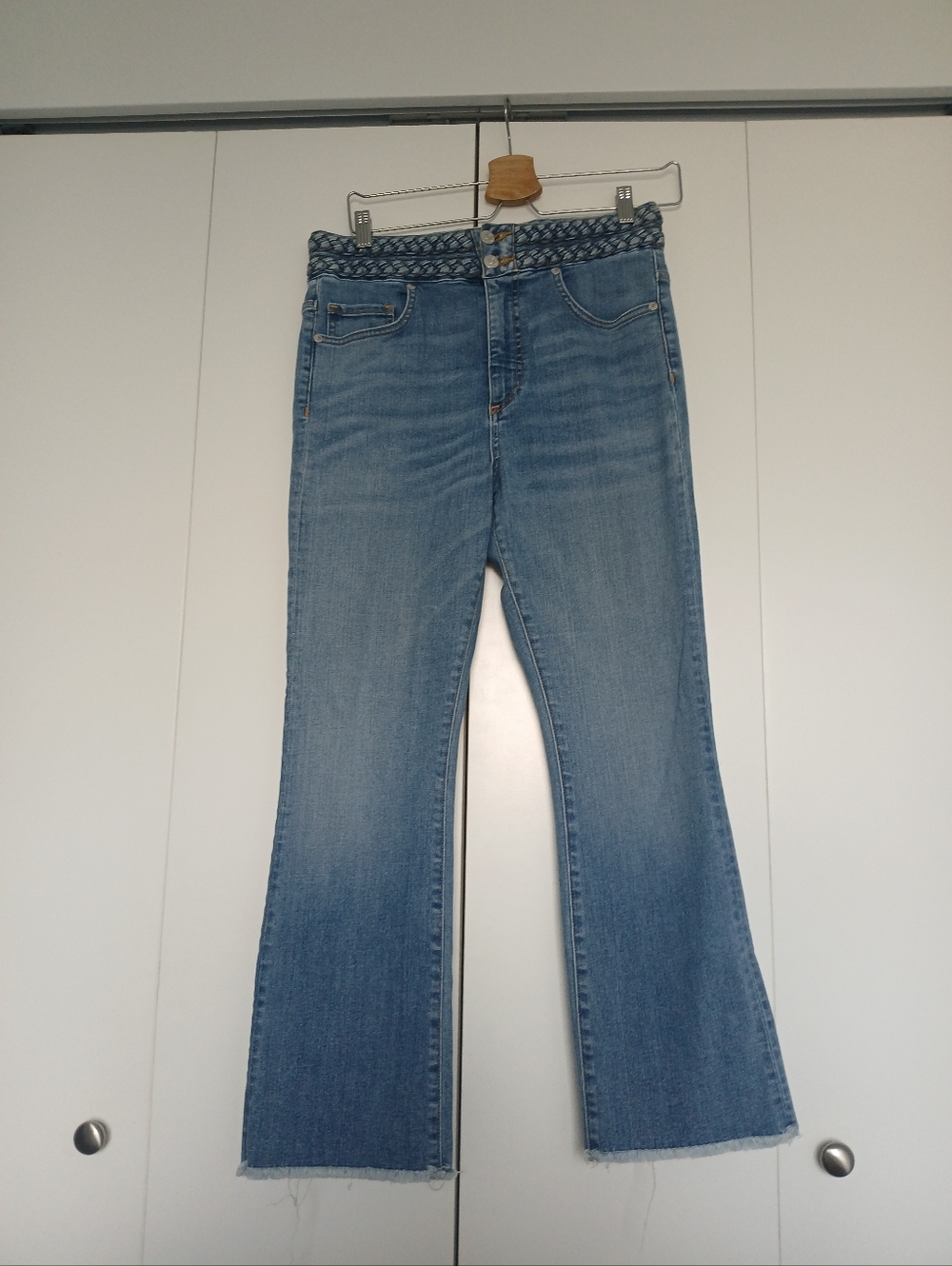 Veronica Beard Washed Blue Flare Jeans with Braided Waist